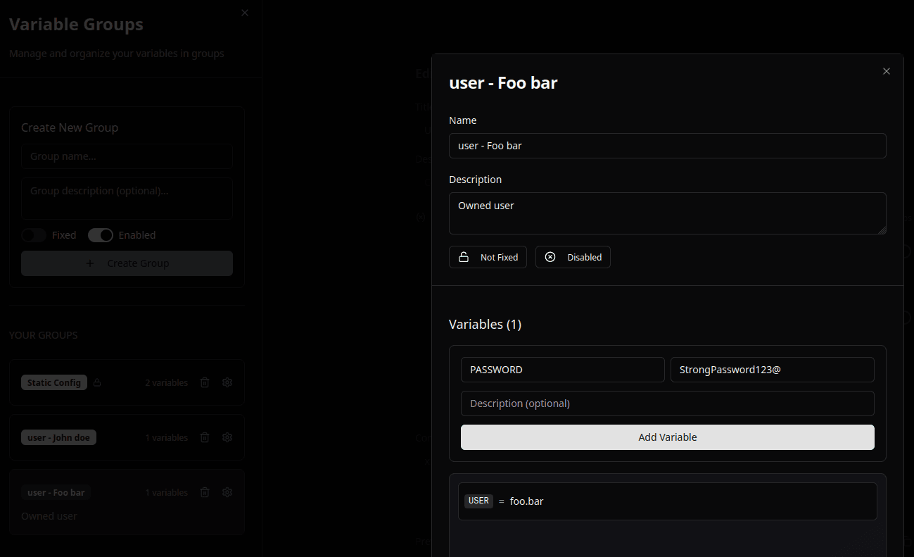 Variable Groups Panel